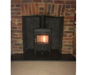 Clearview Pioneer 400 multifuel stove - with flat top in matt black with a Black Slate hearth in Godalming, Surrey. 